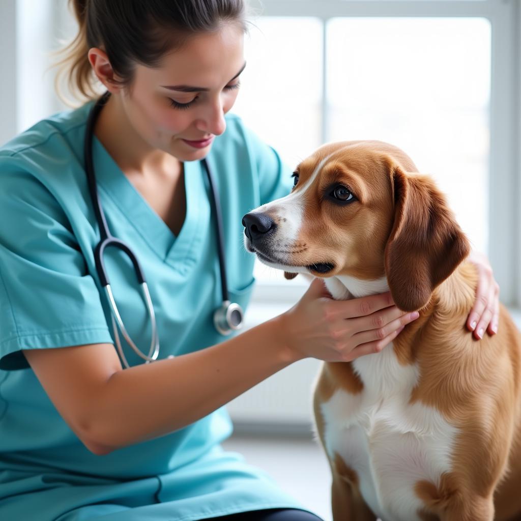 A veterinarian examining a dog