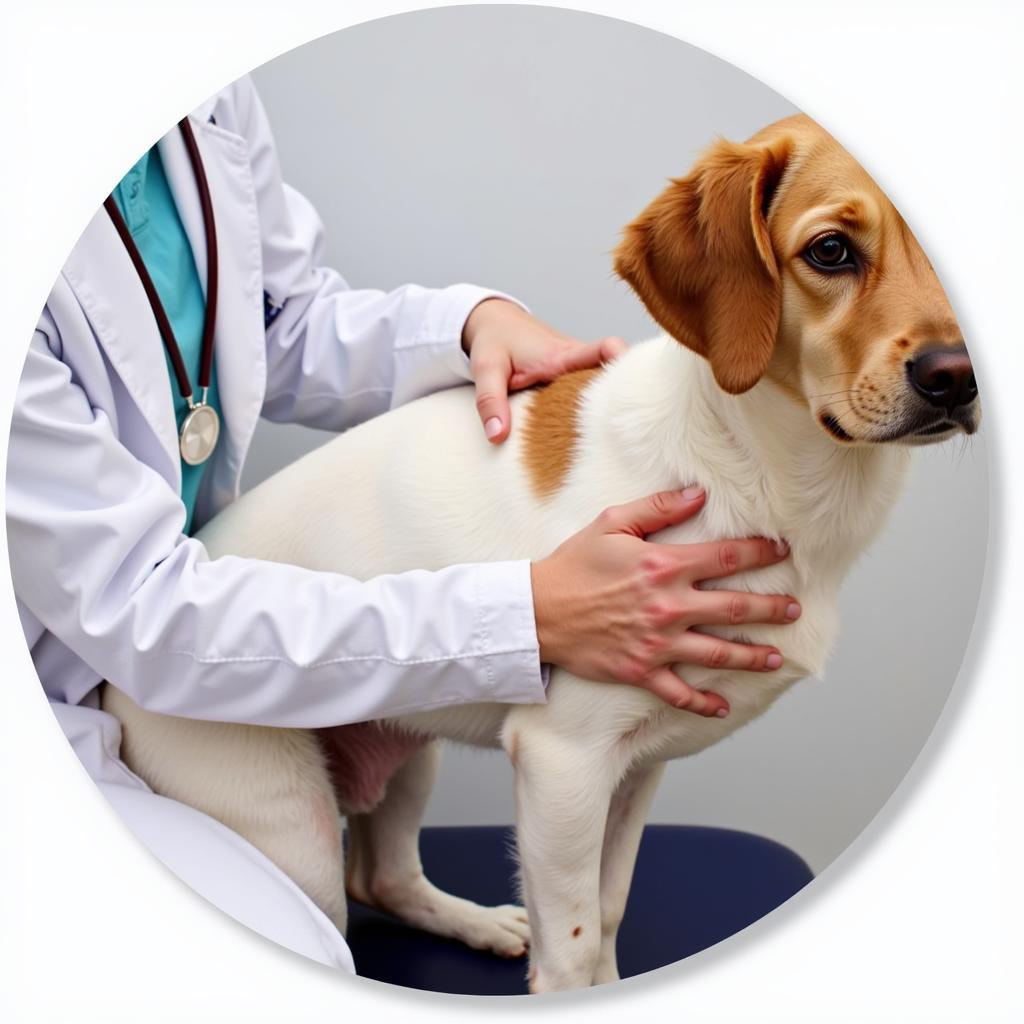 Veterinarian checking a dog for UTI symptoms.