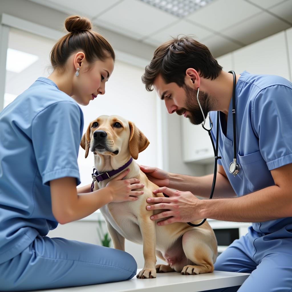 Veterinarian examining a dog to assess kidney health and provide dietary recommendations