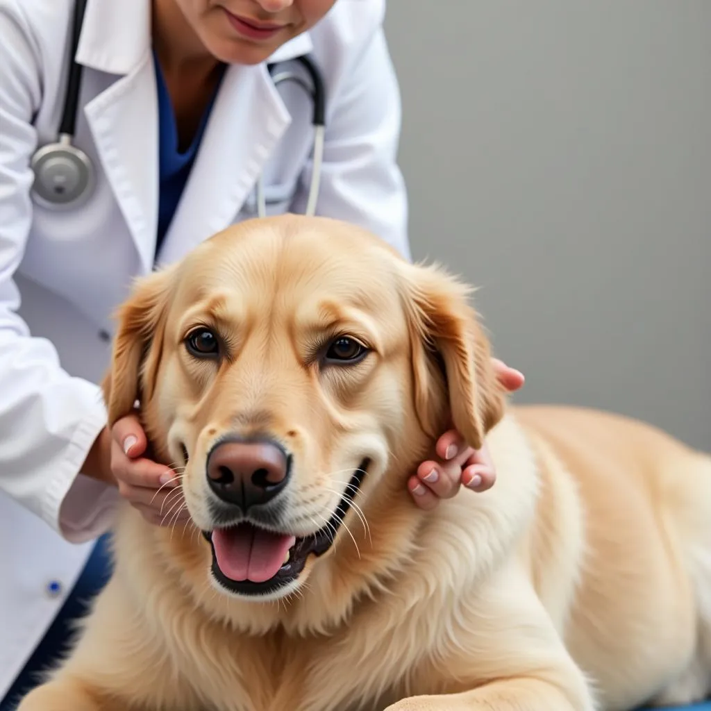 A veterinarian examining the healthy skin and coat of a golden retriever.