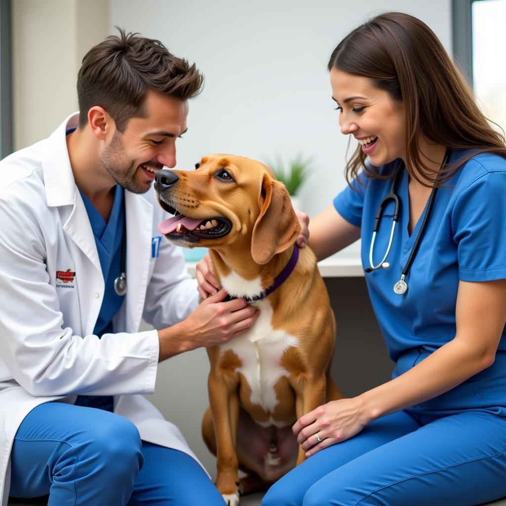 A veterinarian in a white coat examining a dog with a stethoscope while the dog's owner comforts it. 