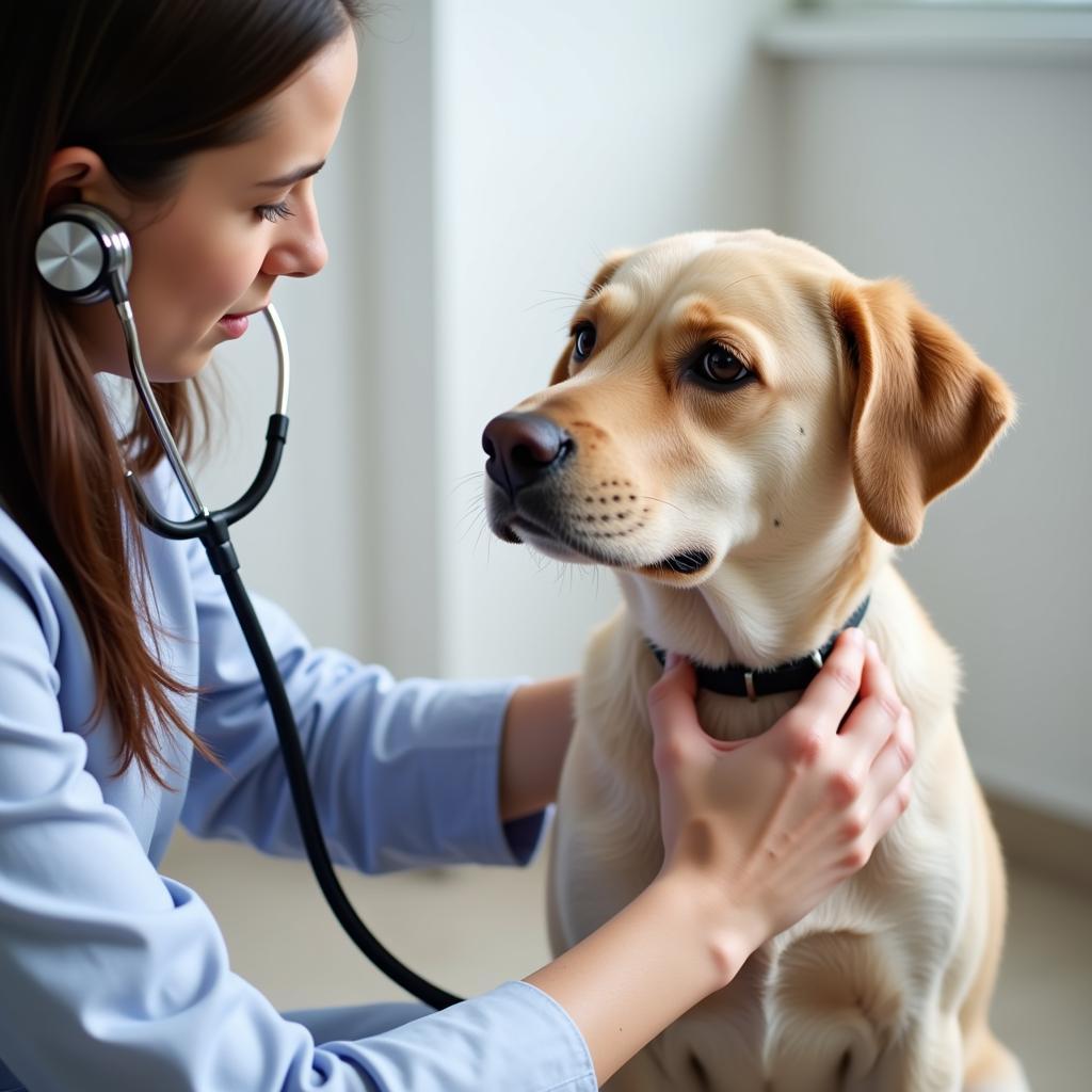 A veterinarian in a white coat is carefully examining a dog experiencing vomiting