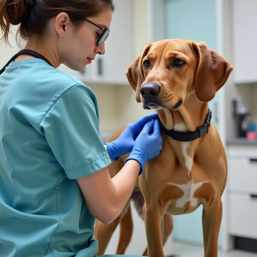 Veterinarian examining a German Shorthaired Pointer