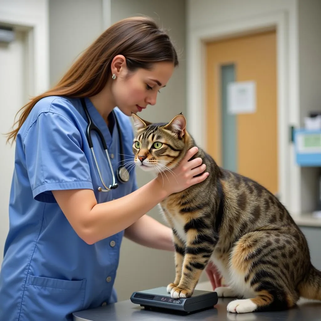 Veterinarian checking the weight and overall health of a large breed cat