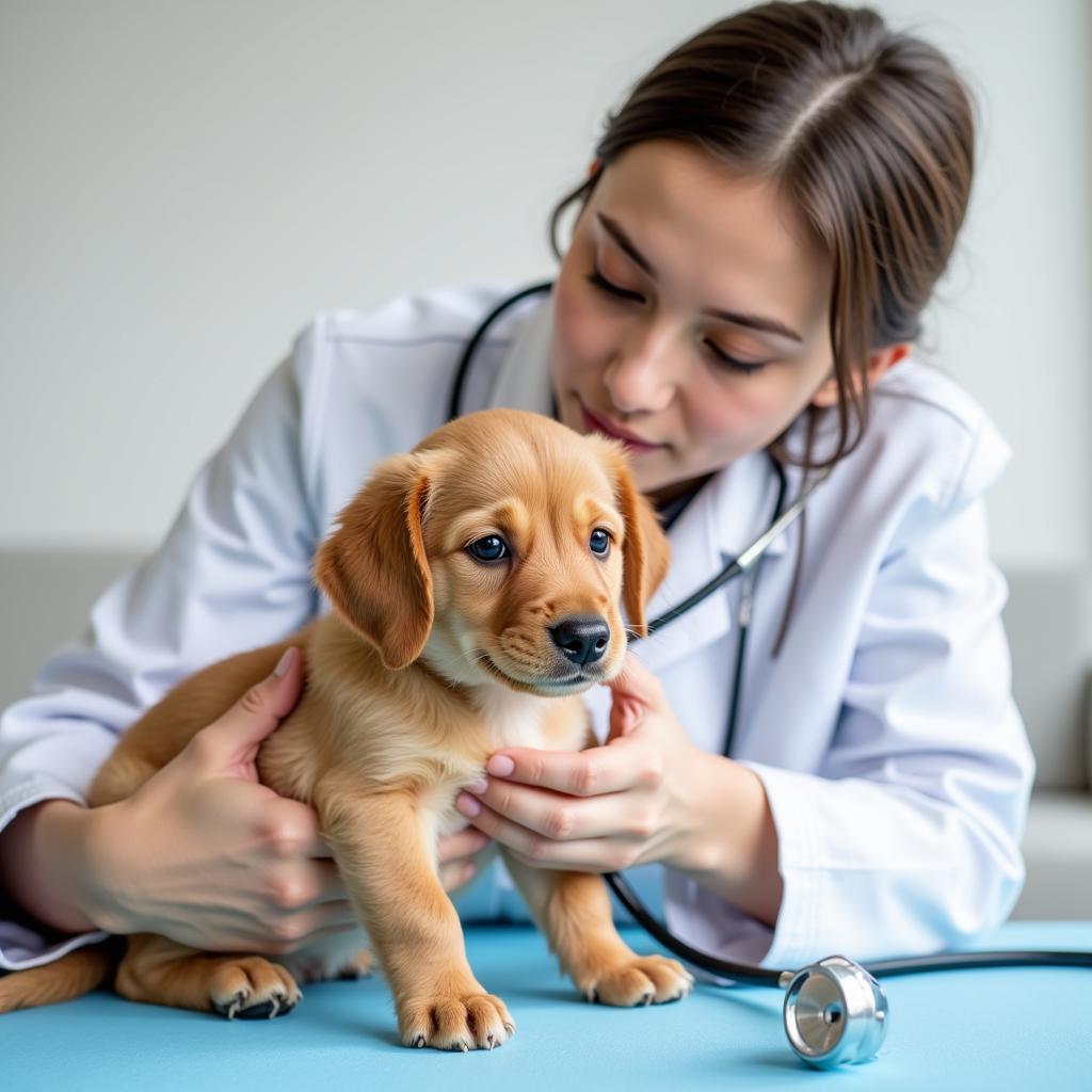 Veterinarian examining a puppy during a checkup