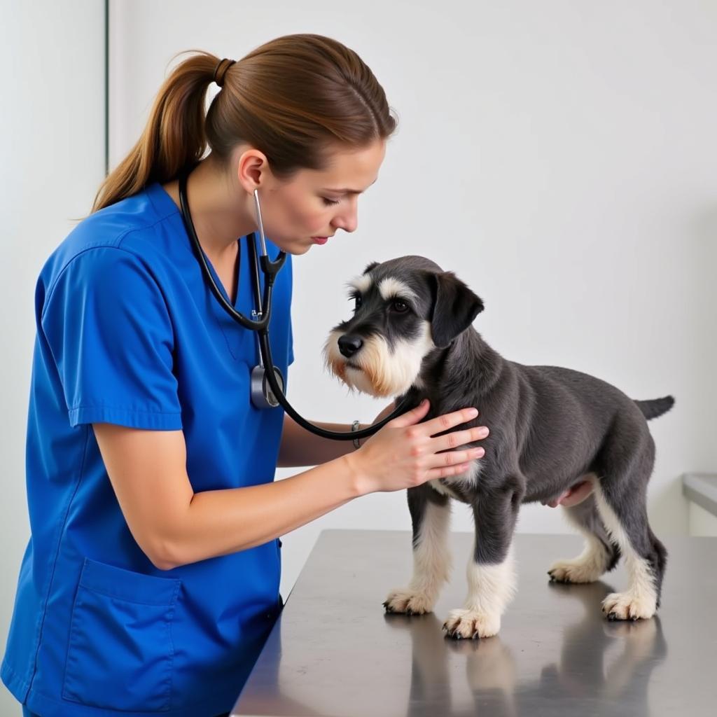 A veterinarian examines a Schnauzer puppy during a checkup