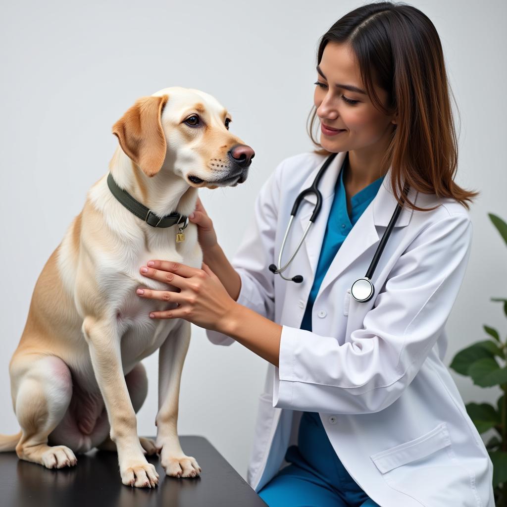 Veterinarian performing a checkup on a senior dog