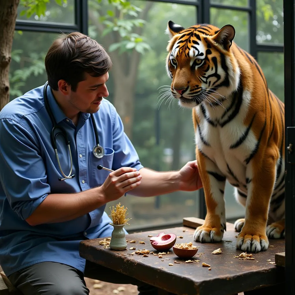 Veterinarian examining a tiger in an enclosure