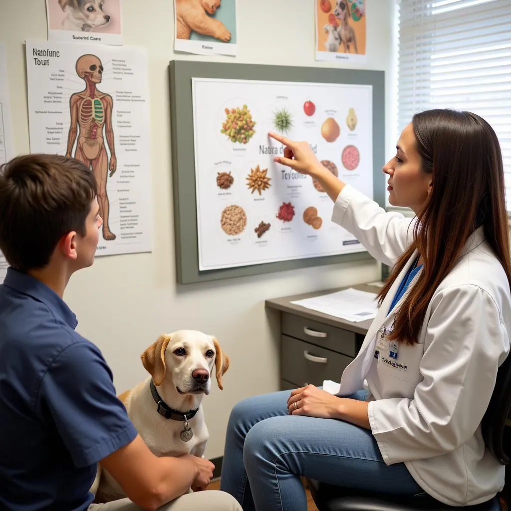 Veterinarian consults with a dog owner about healthy dog food choices