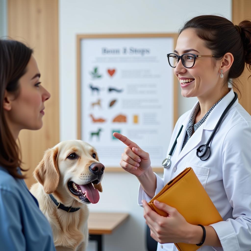 Veterinarian discussing dog food options with a pet owner