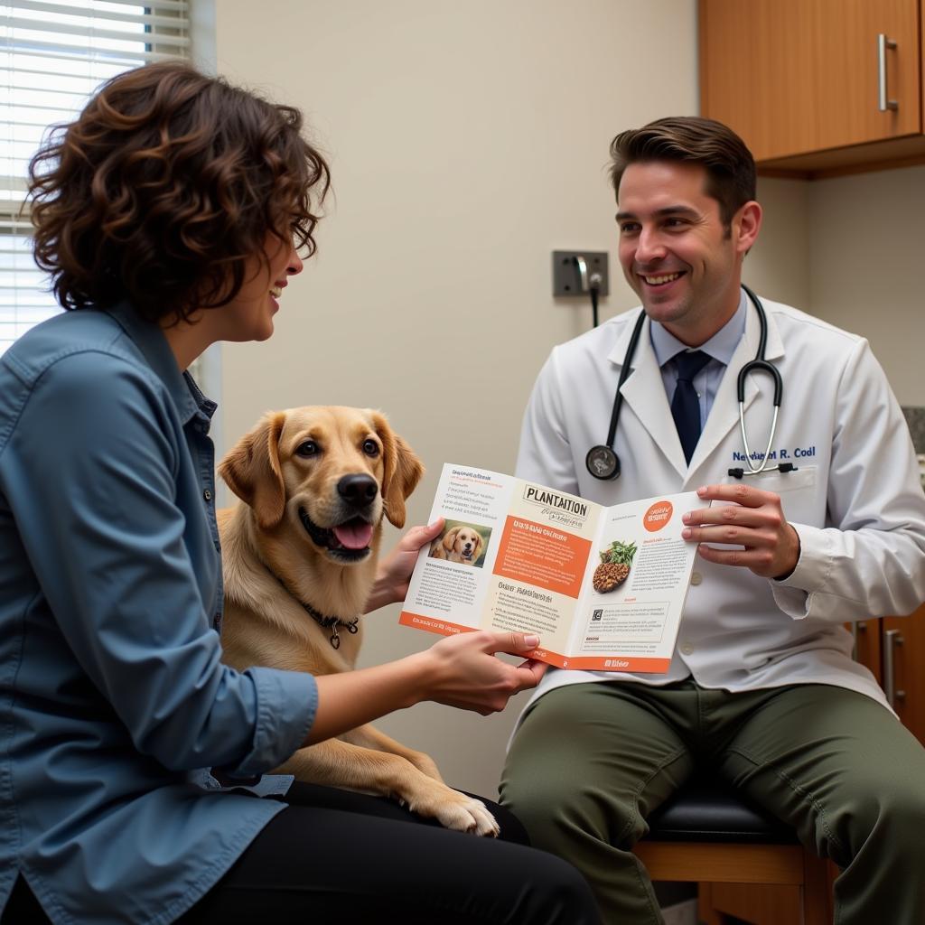 Veterinarian discussing plantation dog food with a pet owner