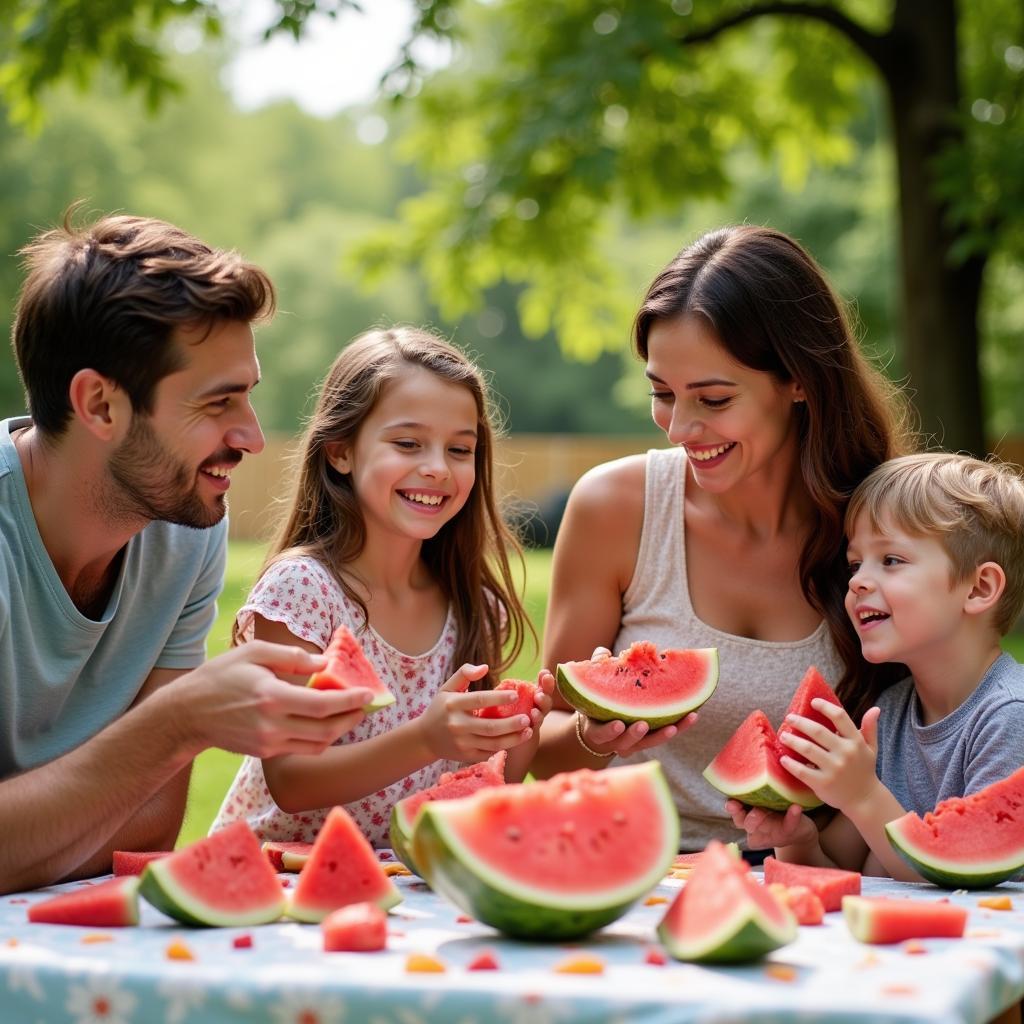 Family enjoys watermelon from Viking Village Foods