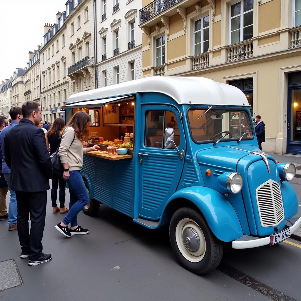 Vintage Citroen HY food truck serving customers in Paris