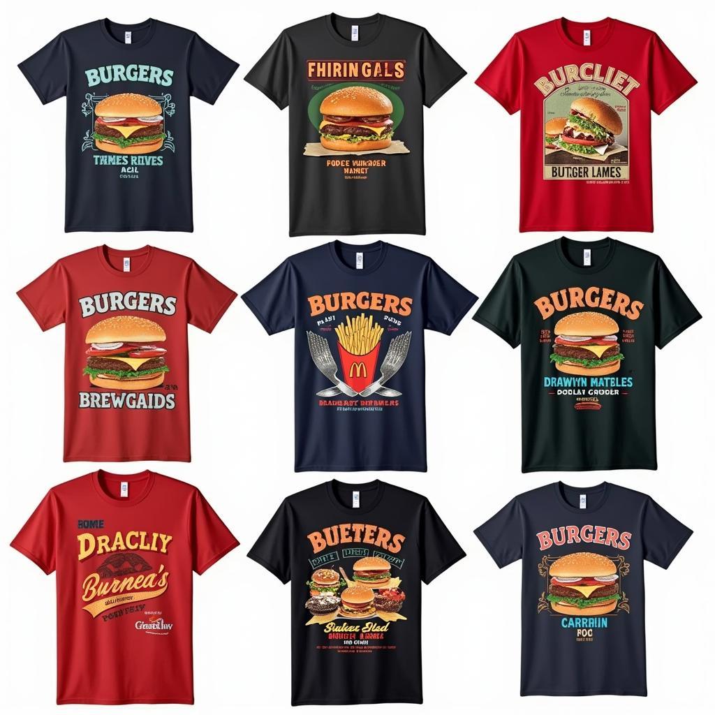 A collection of vintage food t-shirts with retro designs and slogans.