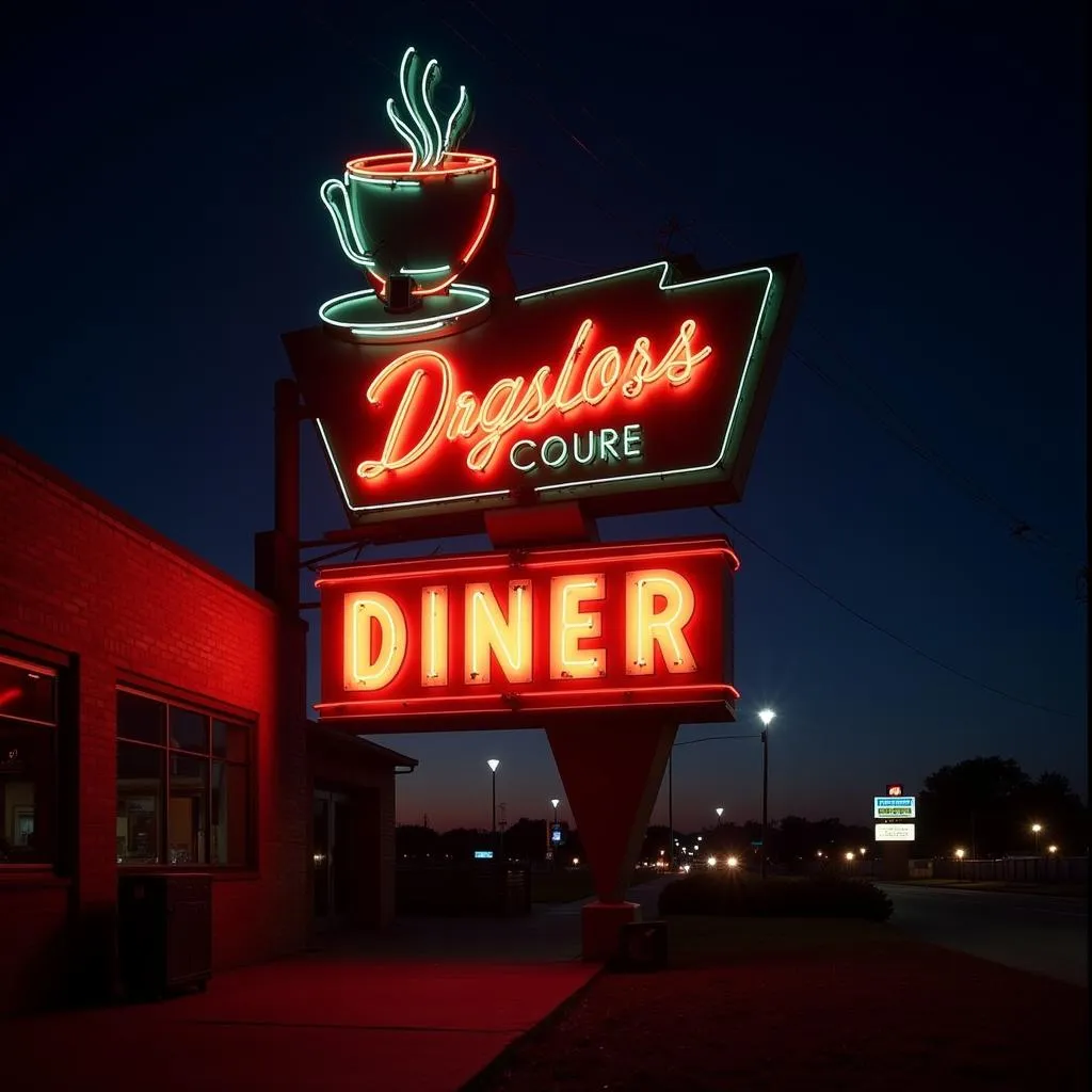 A brightly lit neon sign of a classic diner with the words &quot;Open 24 Hours&quot; against a night sky