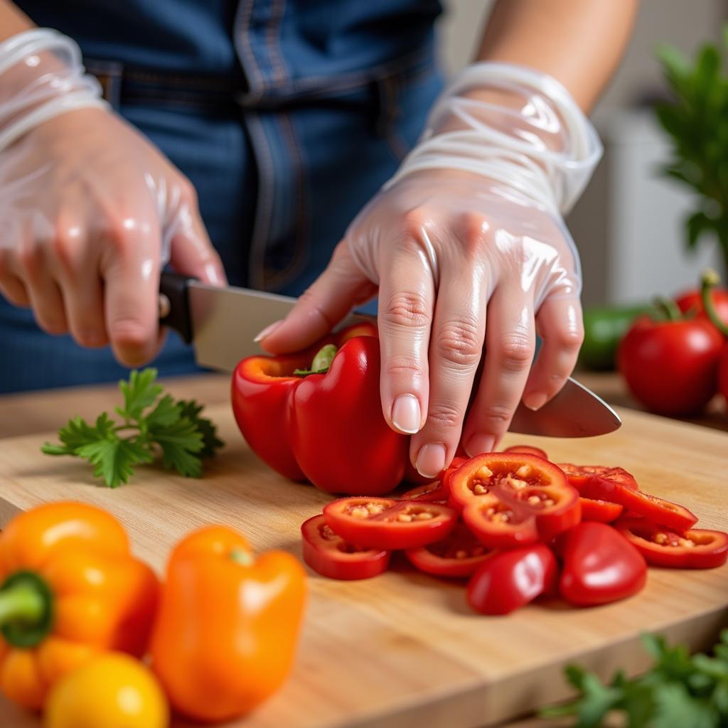 Food worker wearing vinyl gloves while chopping vegetables