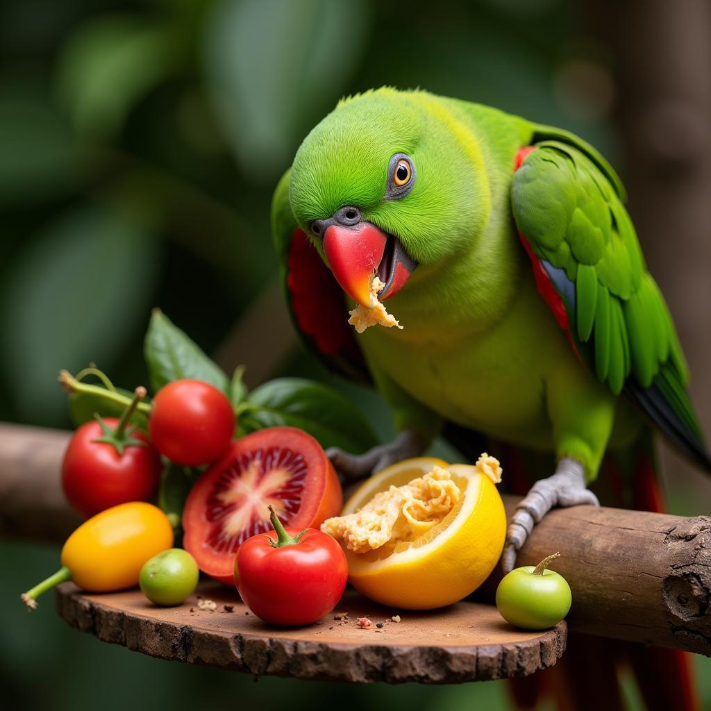 A Volkman Eclectus Parrot Enjoying a Meal of Fresh Fruits and Vegetables