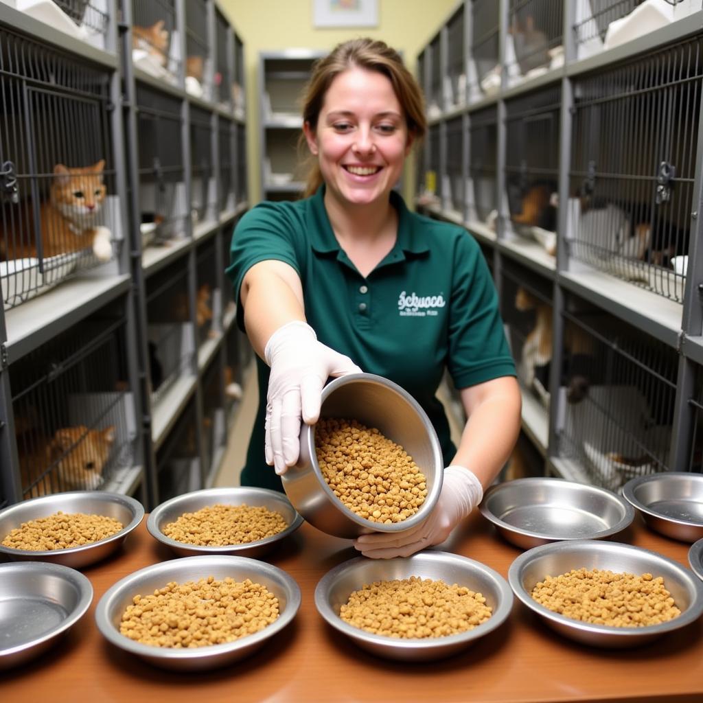 Volunteer pouring food at animal shelter