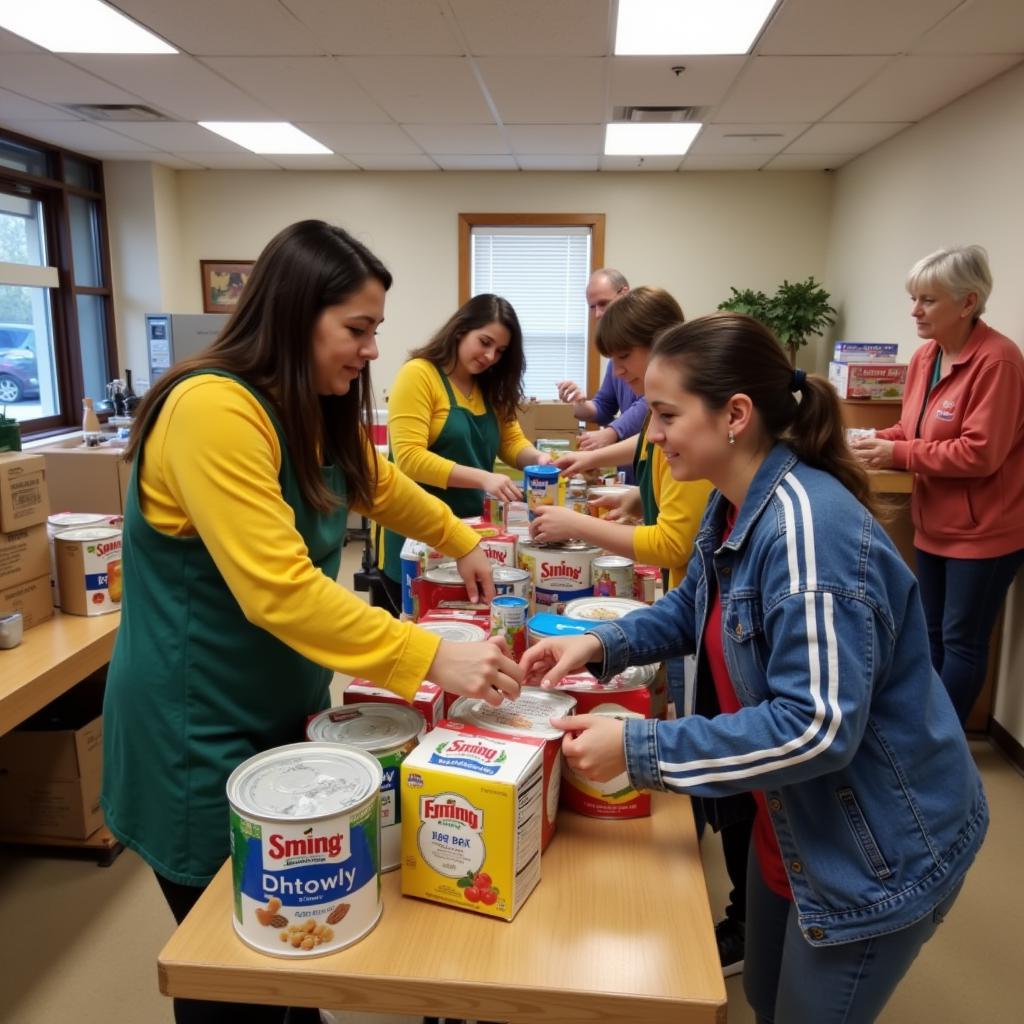 Volunteers organizing donations at a food bank in Rocky Mount