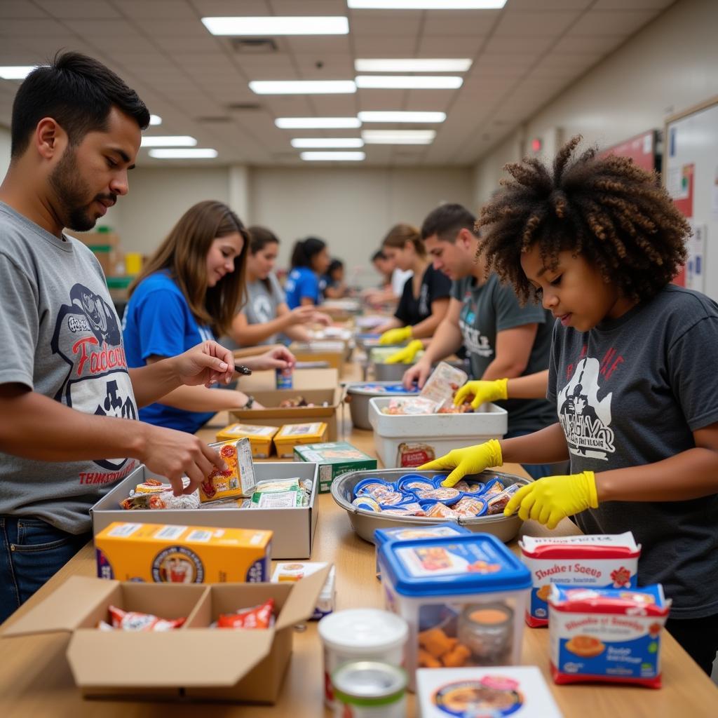 Volunteers organizing food donations for Backpack Buddy program