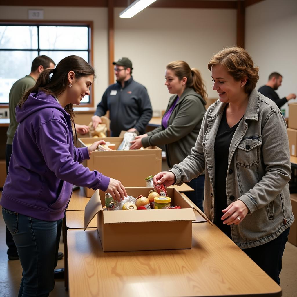 Volunteers sorting and packing food donations at a food bank in Virginia, MN