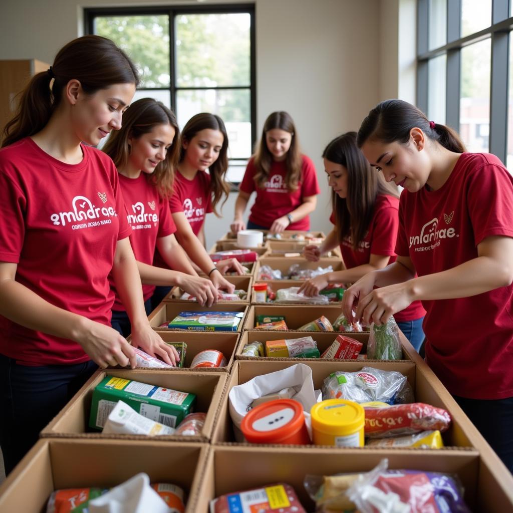 Volunteers sorting and stocking shelves at a food pantry in Cambridge