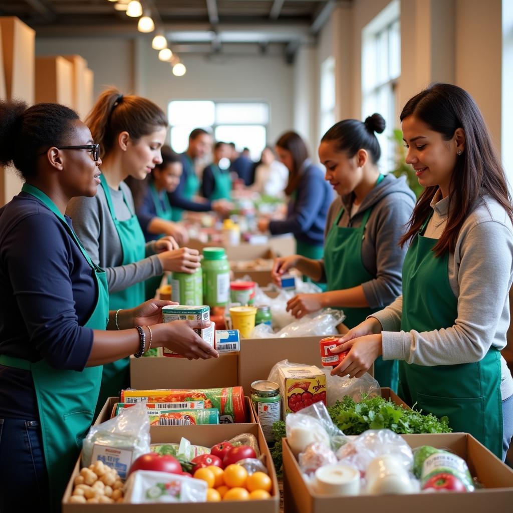 Volunteers organizing donations at a bustling food bank.