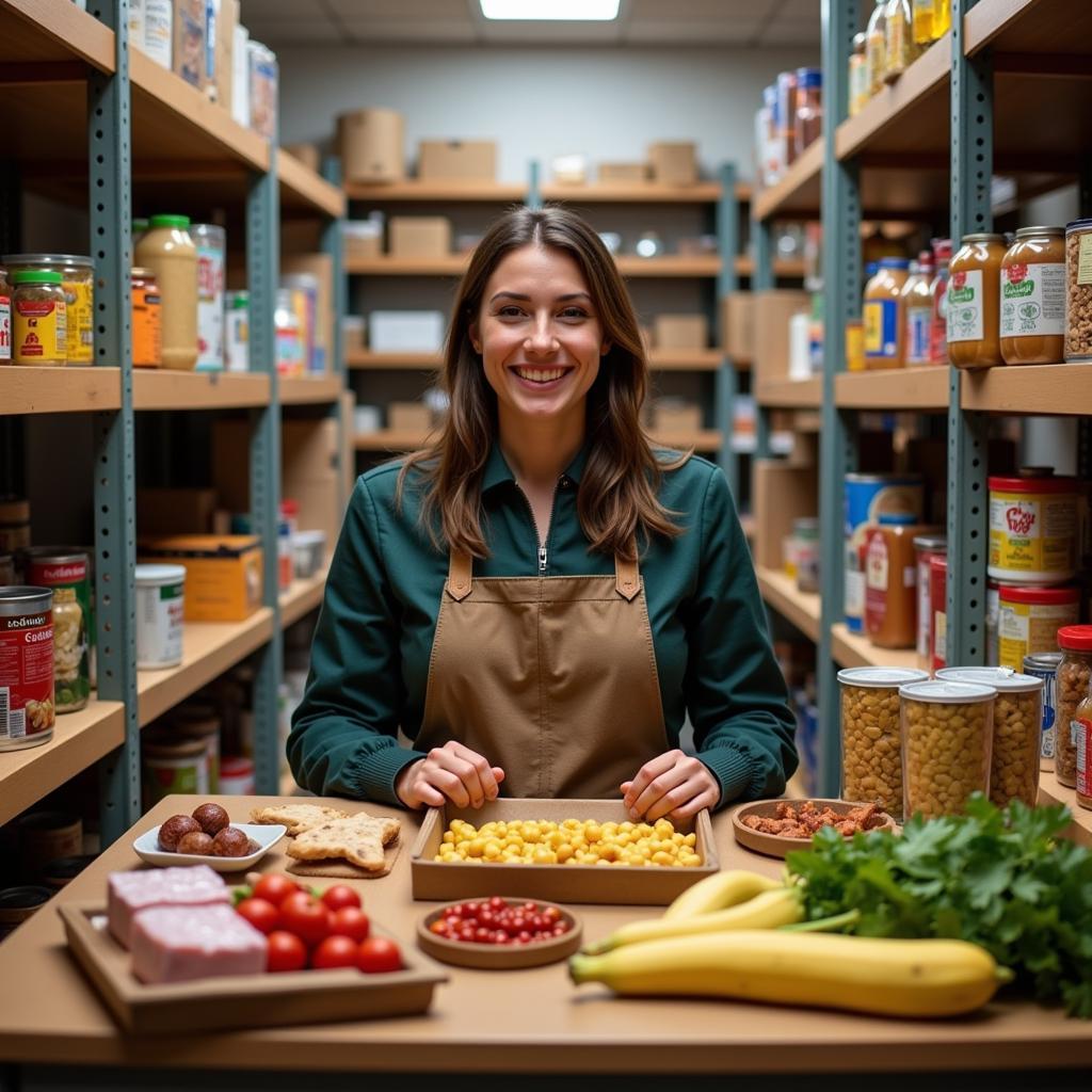 Volunteers sorting and organizing donated food items inside a London, Ohio, food pantry.