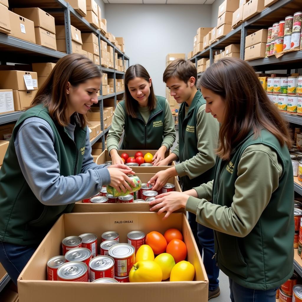 Volunteers sorting and packing food donations at a local food bank