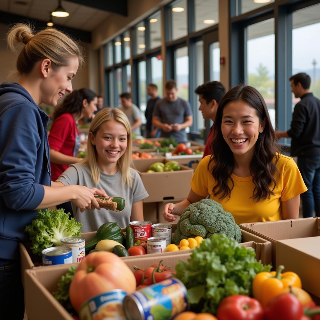 Volunteers packing food boxes at a distribution center in Antelope Valley.