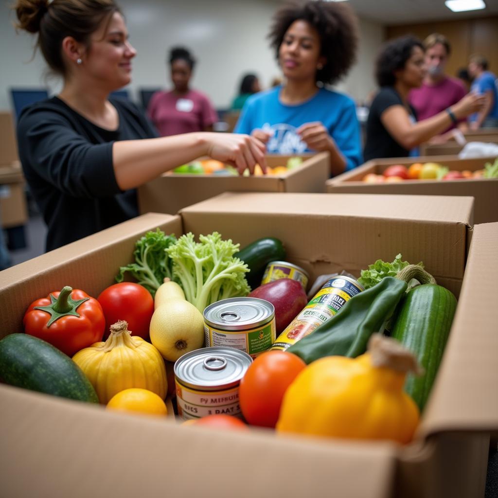 Volunteers preparing food boxes at the Houma food bank.