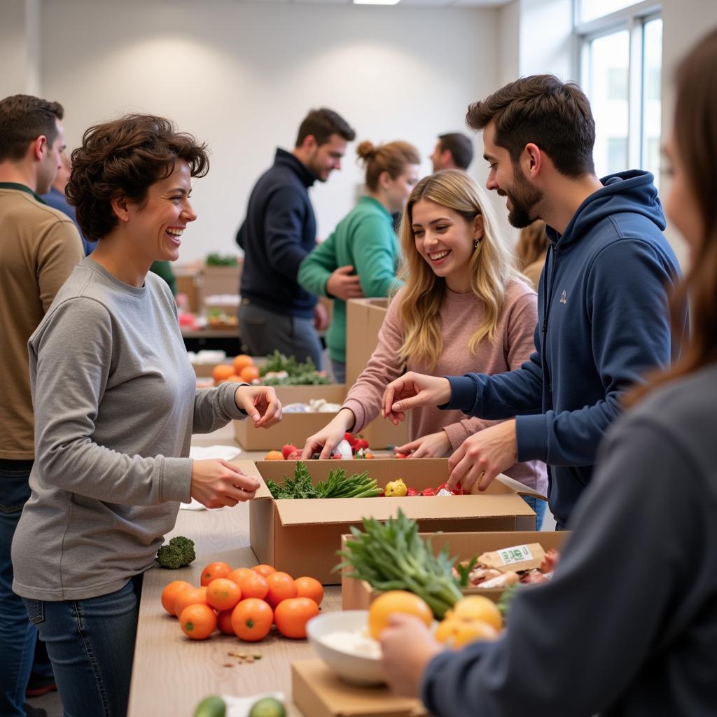 Volunteers working diligently to pack food boxes at a St. Vincent de Paul facility, showcasing the organization's dedication to fighting hunger.