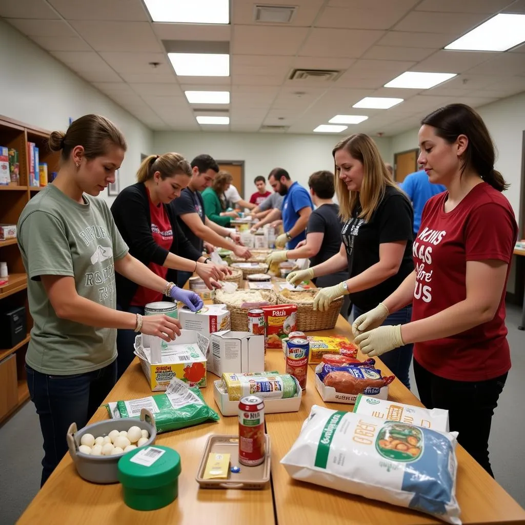 Volunteers sorting donated food at a Calhoun food bank