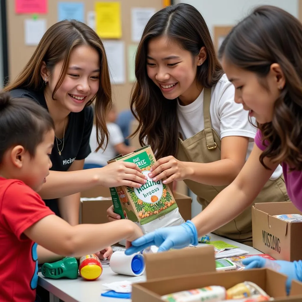 Volunteers organizing and sorting food donations for distribution.