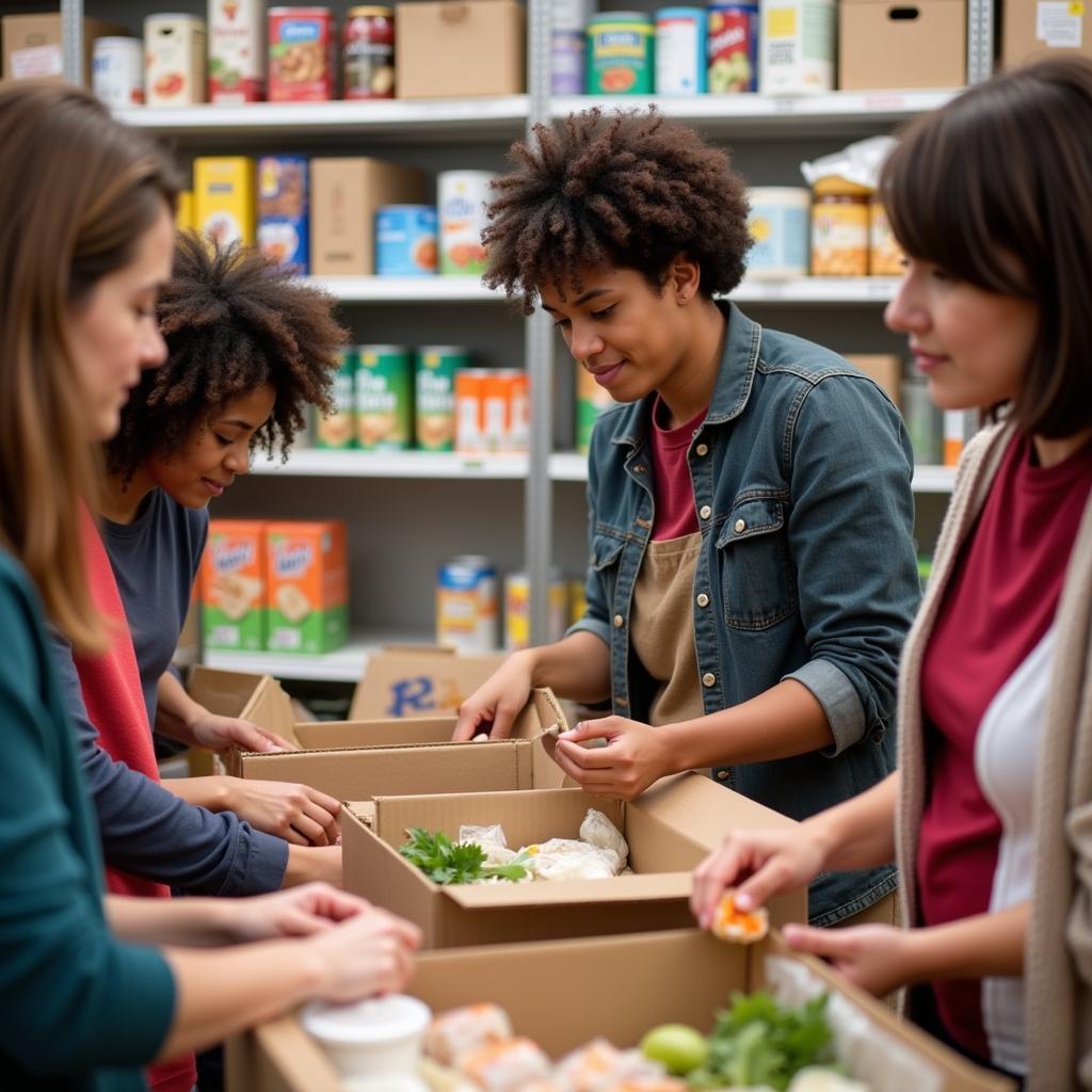 Volunteers actively engage in sorting and organizing food donations at a bustling food pantry in Pueblo