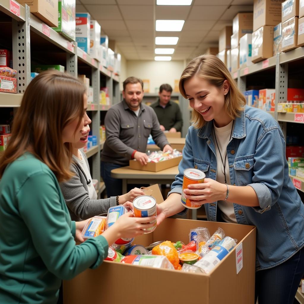 Volunteers stocking shelves with donated food items