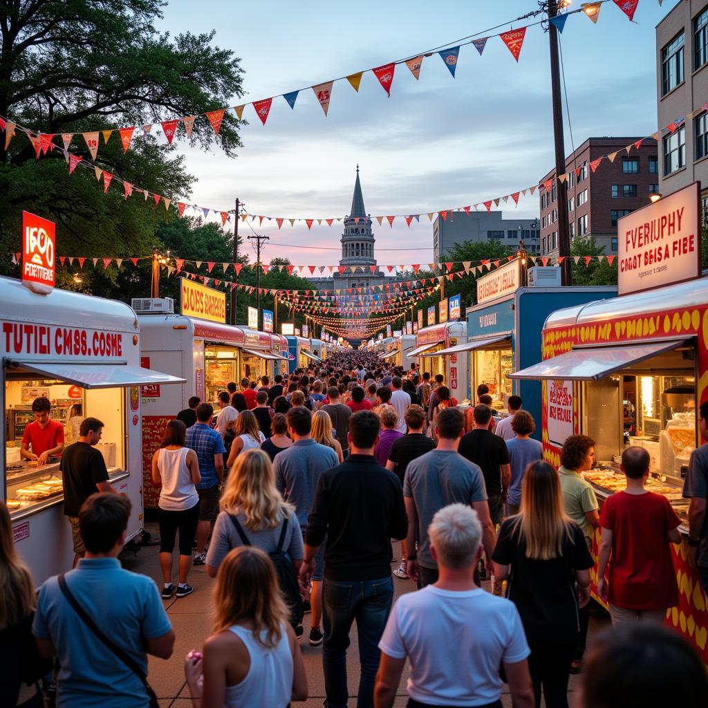 A bustling food truck festival in Waco Texas