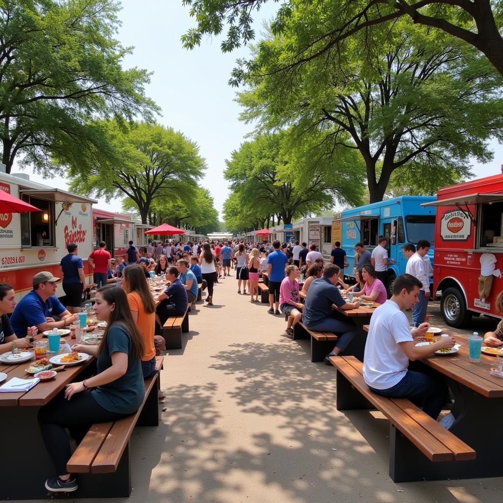 People enjoying their food at a food truck park in Waco