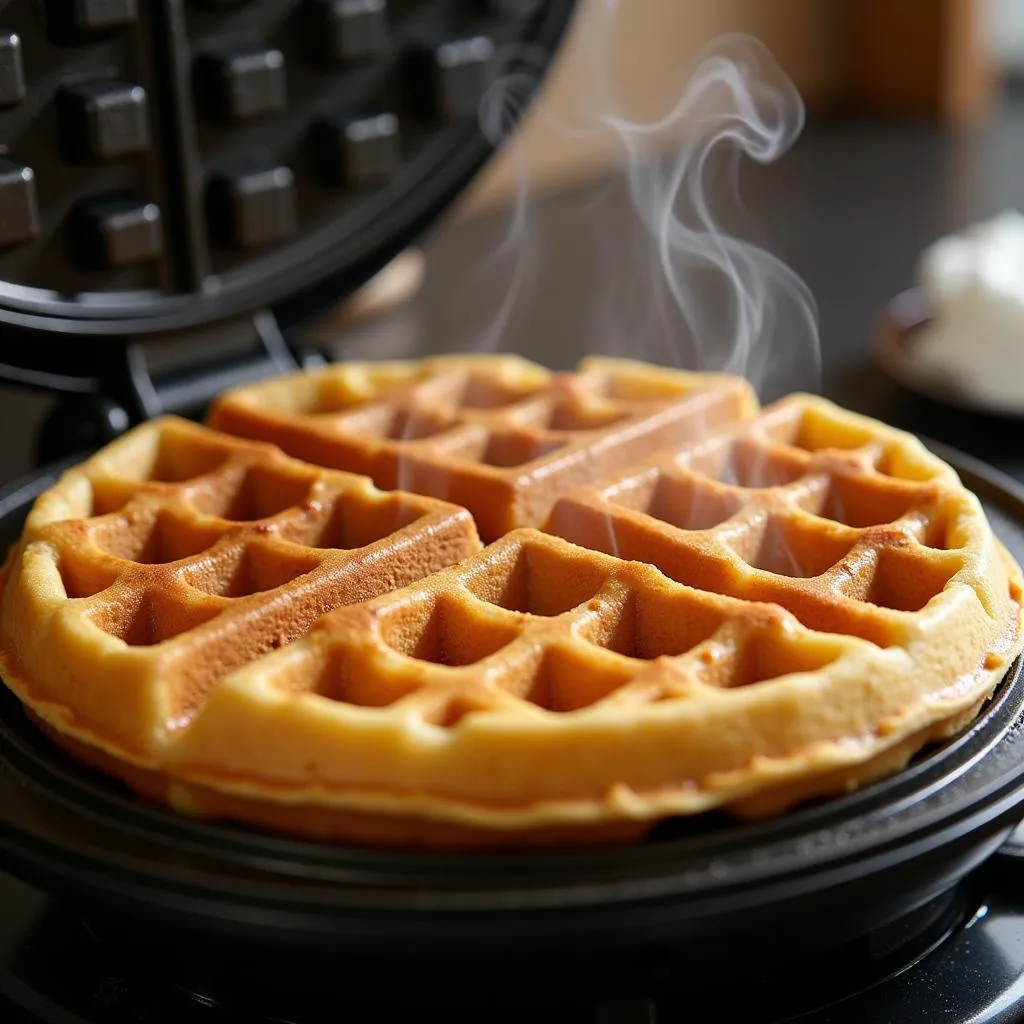 Close-up of Waffle Iron Making Golden Brown Waffles