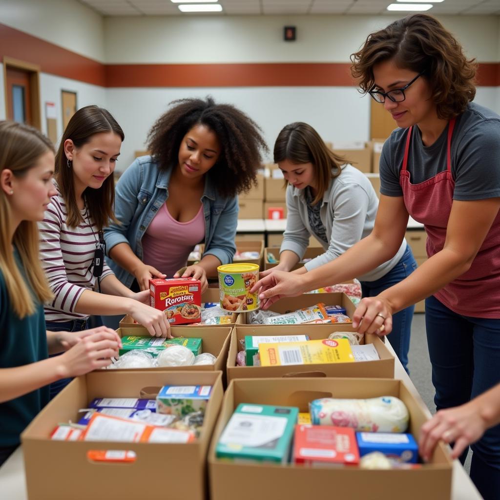 Volunteers sorting and packing food donations at a food pantry in Washington, MO