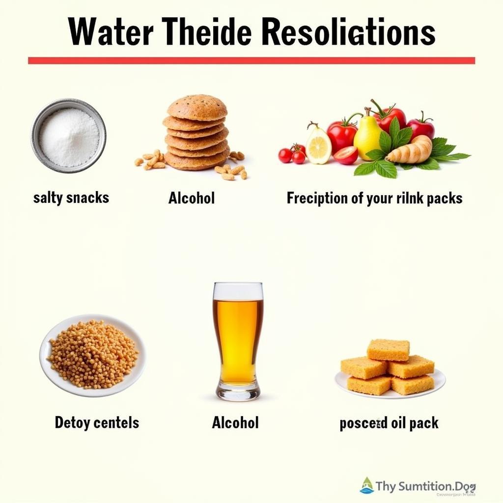 A collage of foods known to cause water retention, such as salty snacks, alcohol, and processed foods.