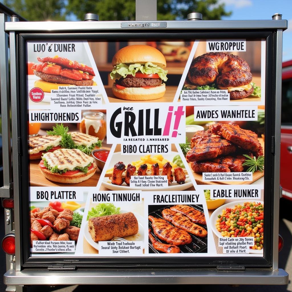 A colorful and enticing food truck menu board with various grilled food options