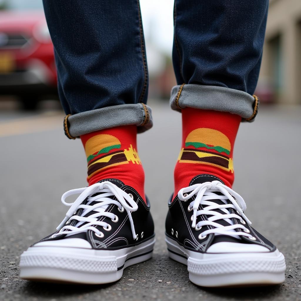 A person wearing jeans and sneakers, showcasing colorful food novelty socks with a burger and fries design.