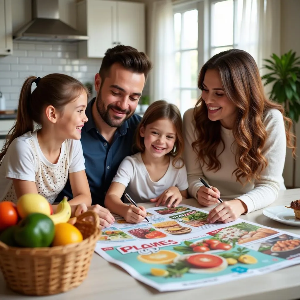 Family reviewing a grocery store flyer for savings