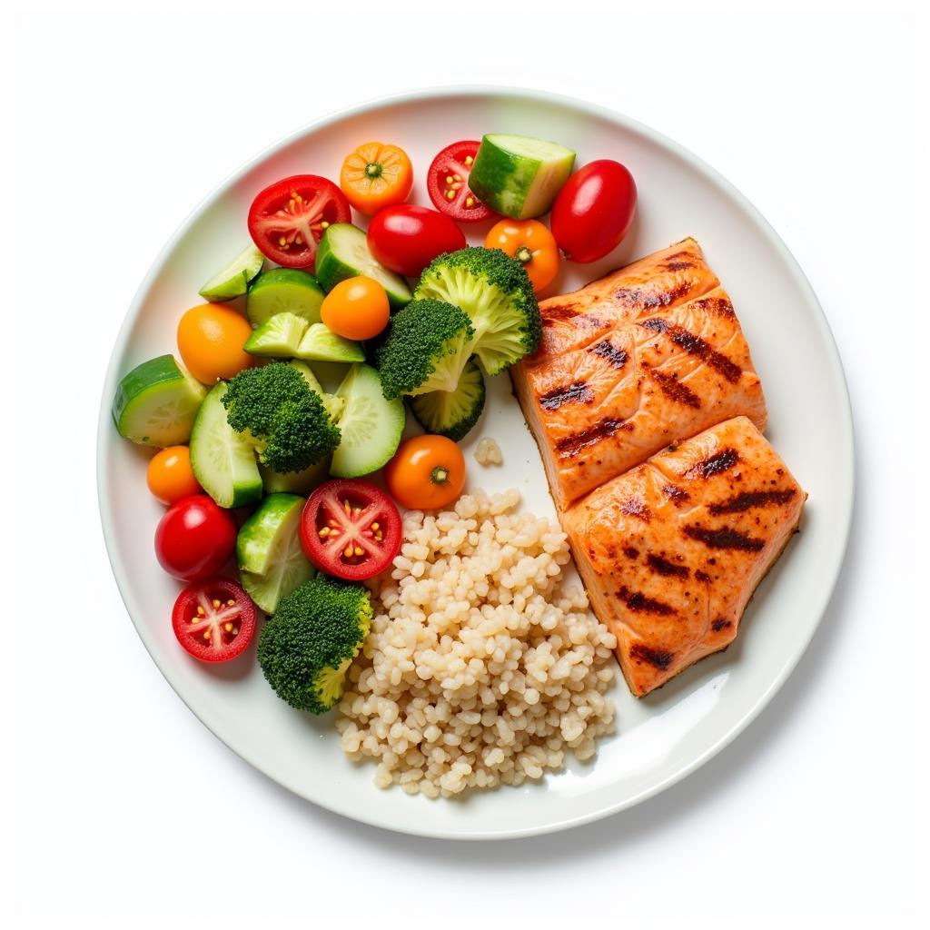 A plate with a balanced meal including vegetables, grains, and lean protein.