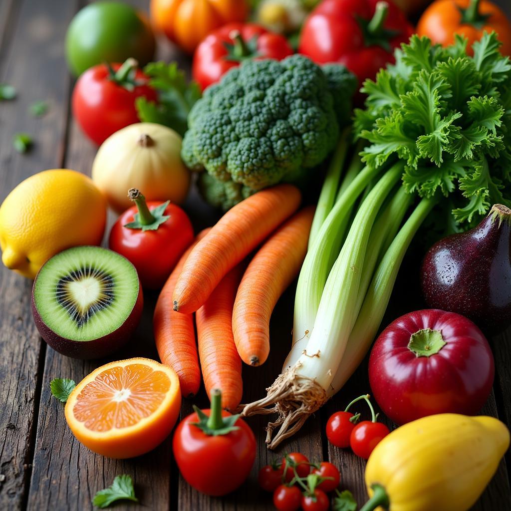 Vibrant fruits and vegetables arranged on a wooden table