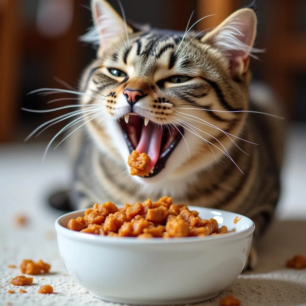 Cat enjoying a bowl of wet food