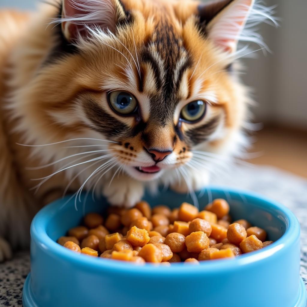 Cat enjoying wet food with pumpkin