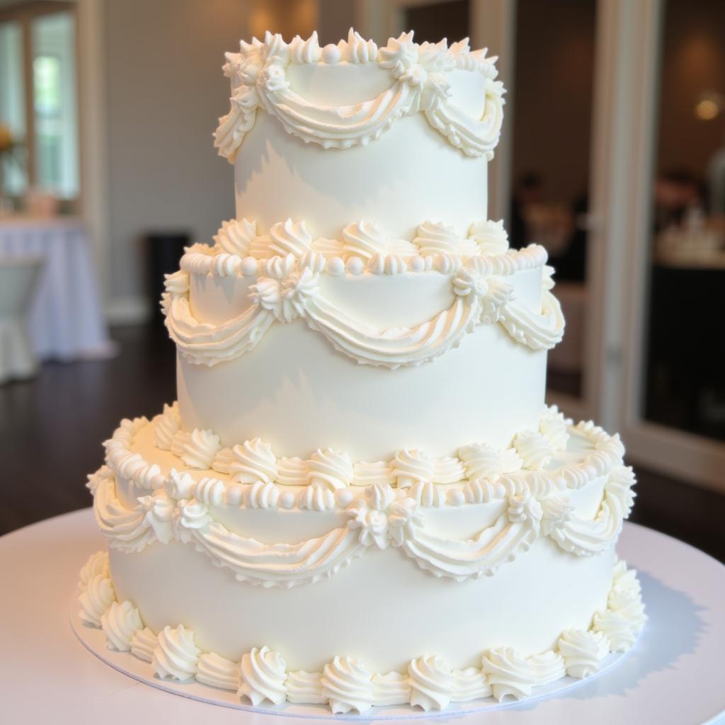 A three-tiered white wedding cake adorned with intricate piping details.