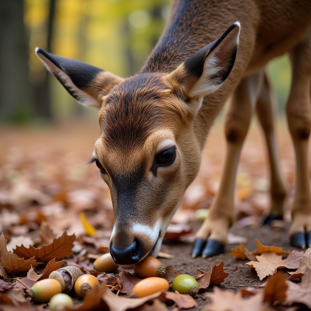 Whitetail Deer Eating Acorns in Forest